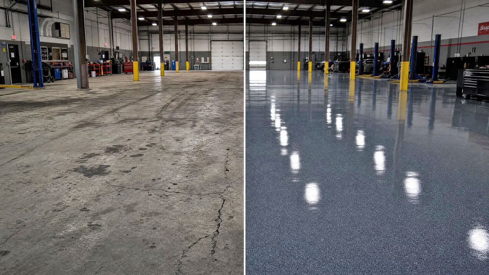 Commercial floor coating before and after — auto shop in Corpus Christi TX
